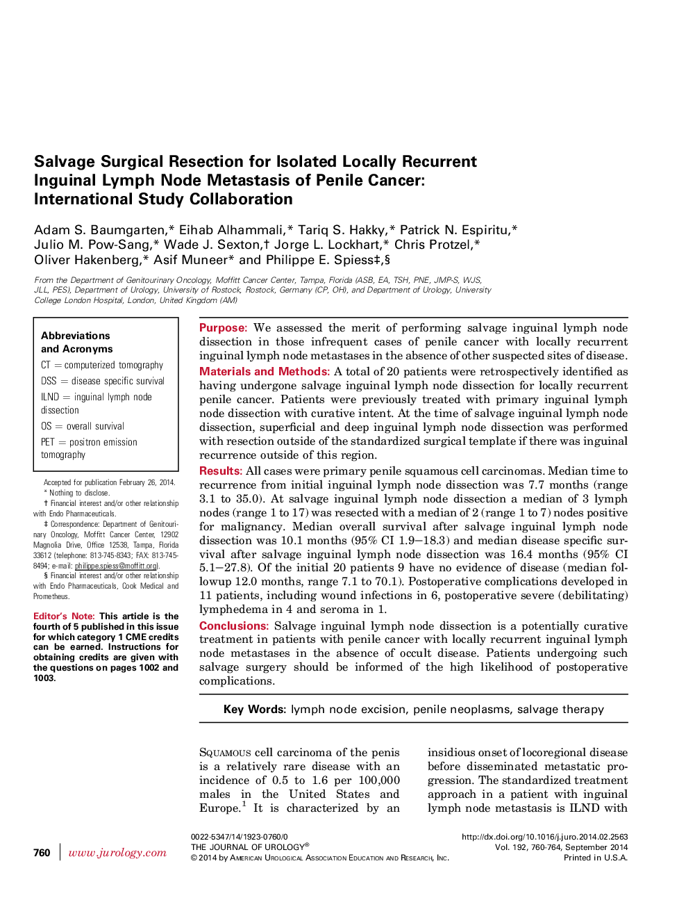 Salvage Surgical Resection for Isolated Locally Recurrent Inguinal Lymph Node Metastasis of Penile Cancer: International Study Collaboration 