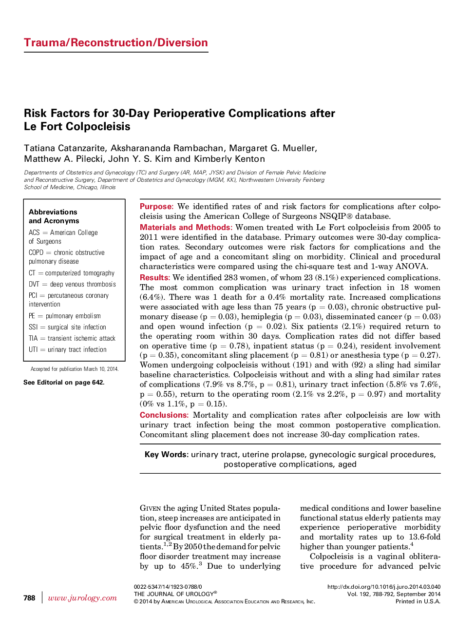 Risk Factors for 30-Day Perioperative Complications after Le Fort Colpocleisis