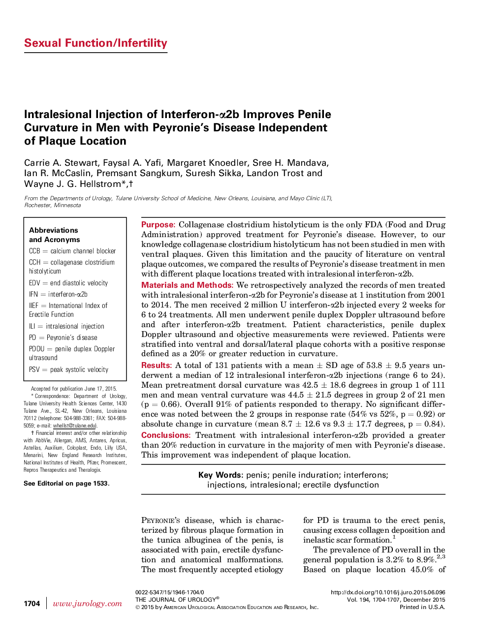 Intralesional Injection of Interferon-α2b Improves Penile Curvature in Men with Peyronie's Disease Independent of Plaque Location 