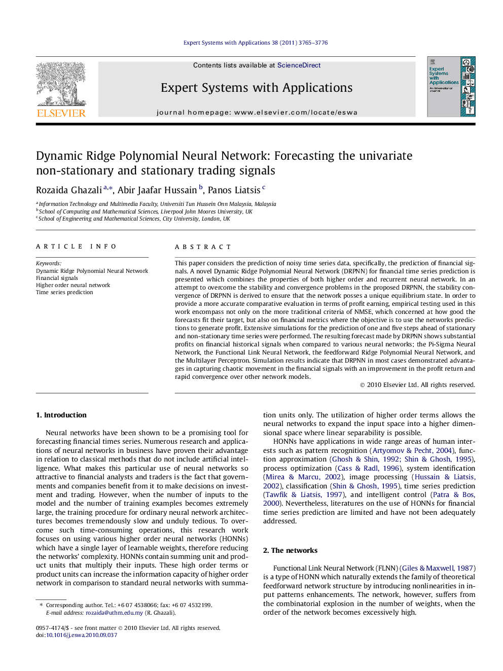 عکس صفحه اول مقاله: Dynamic Ridge Polynomial Neural Network: Forecasting the univariate non-stationary and stationary trading signals Dynamic Ridge Polynomial Neural Network: Forecasting the univariate non-stationary and stationary trading signals