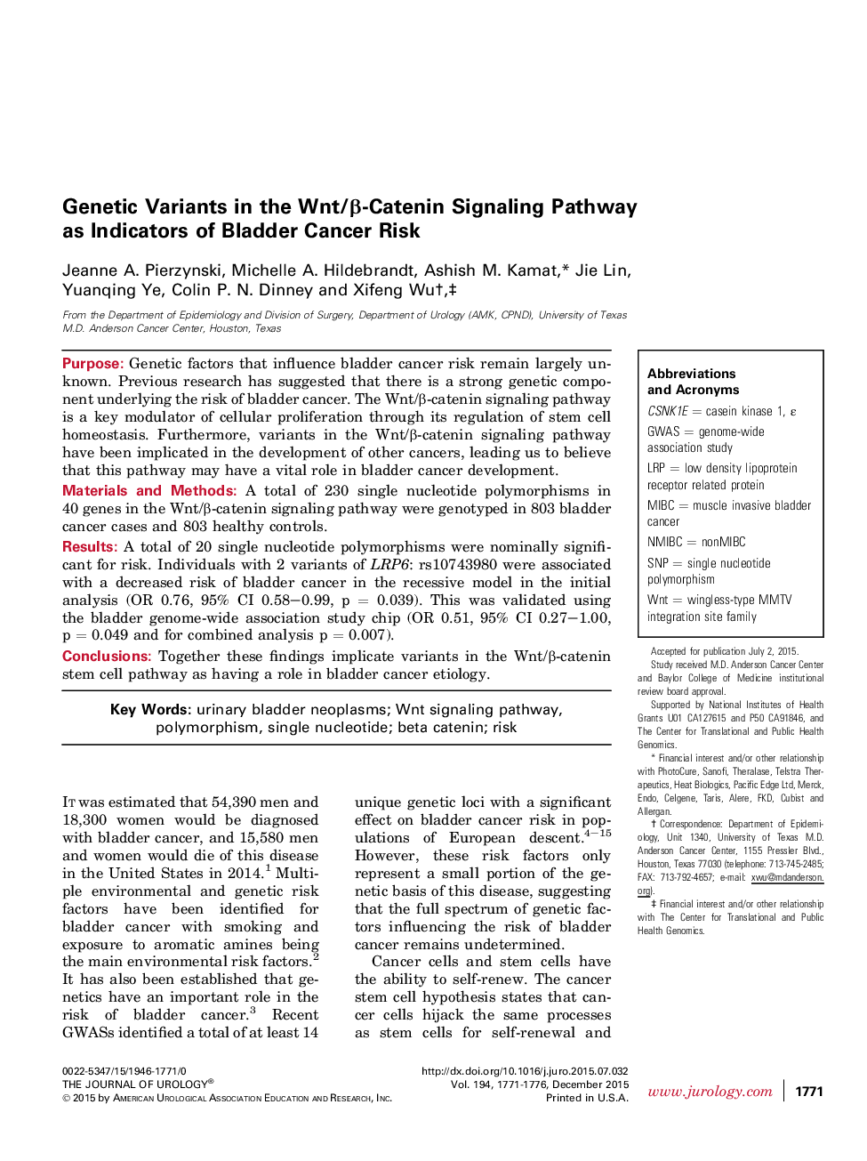 Genetic Variants in the Wnt/β-Catenin Signaling Pathway as Indicators of Bladder Cancer Risk 