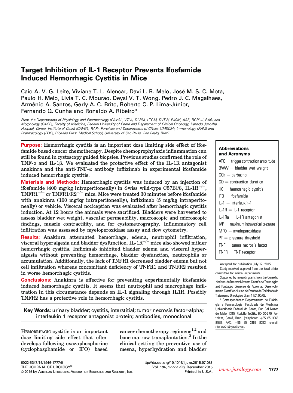 Target Inhibition of IL-1 Receptor Prevents Ifosfamide Induced Hemorrhagic Cystitis in Mice 