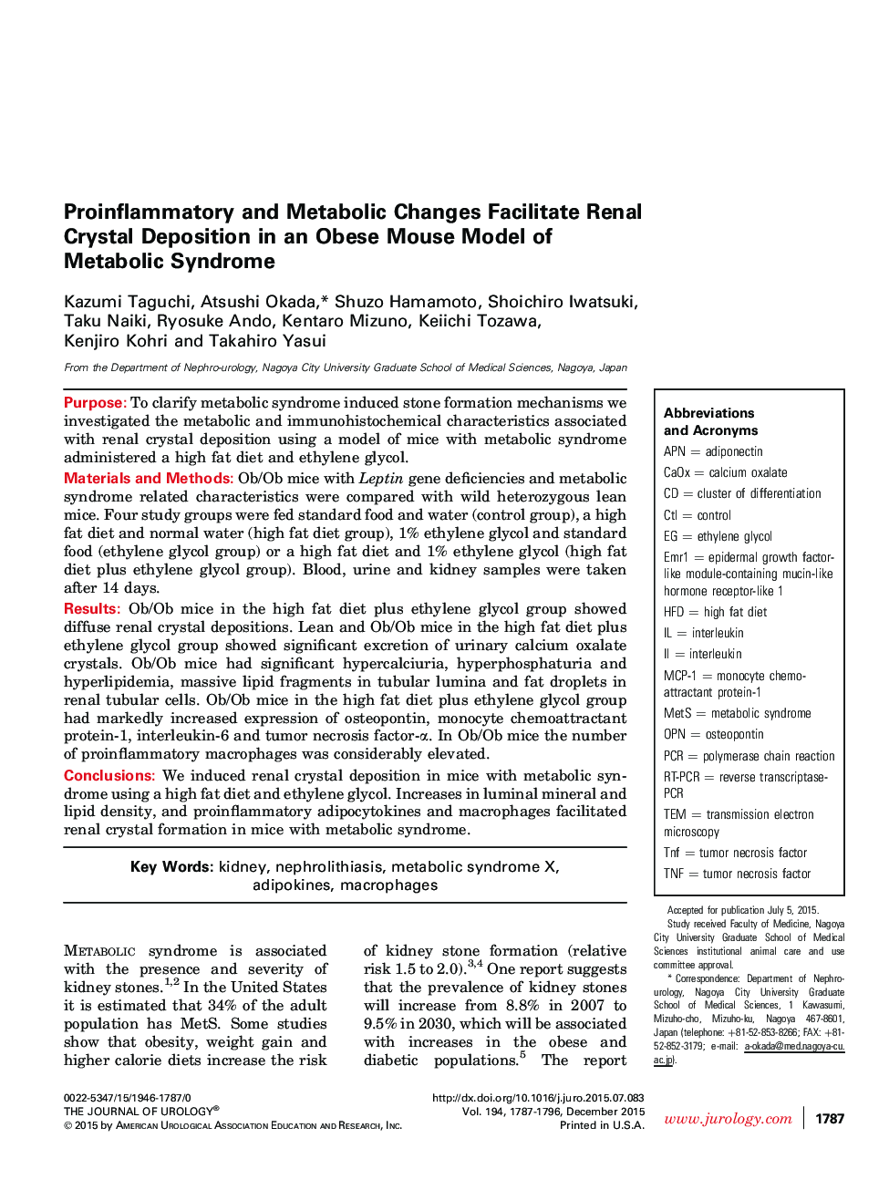 Proinflammatory and Metabolic Changes Facilitate Renal Crystal Deposition in an Obese Mouse Model of Metabolic Syndrome 