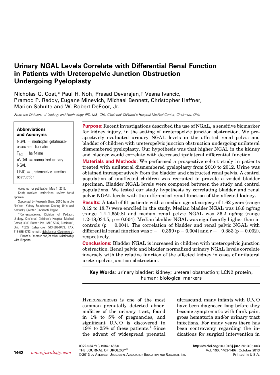 Urinary NGAL Levels Correlate with Differential Renal Function in Patients with Ureteropelvic Junction Obstruction Undergoing Pyeloplasty 