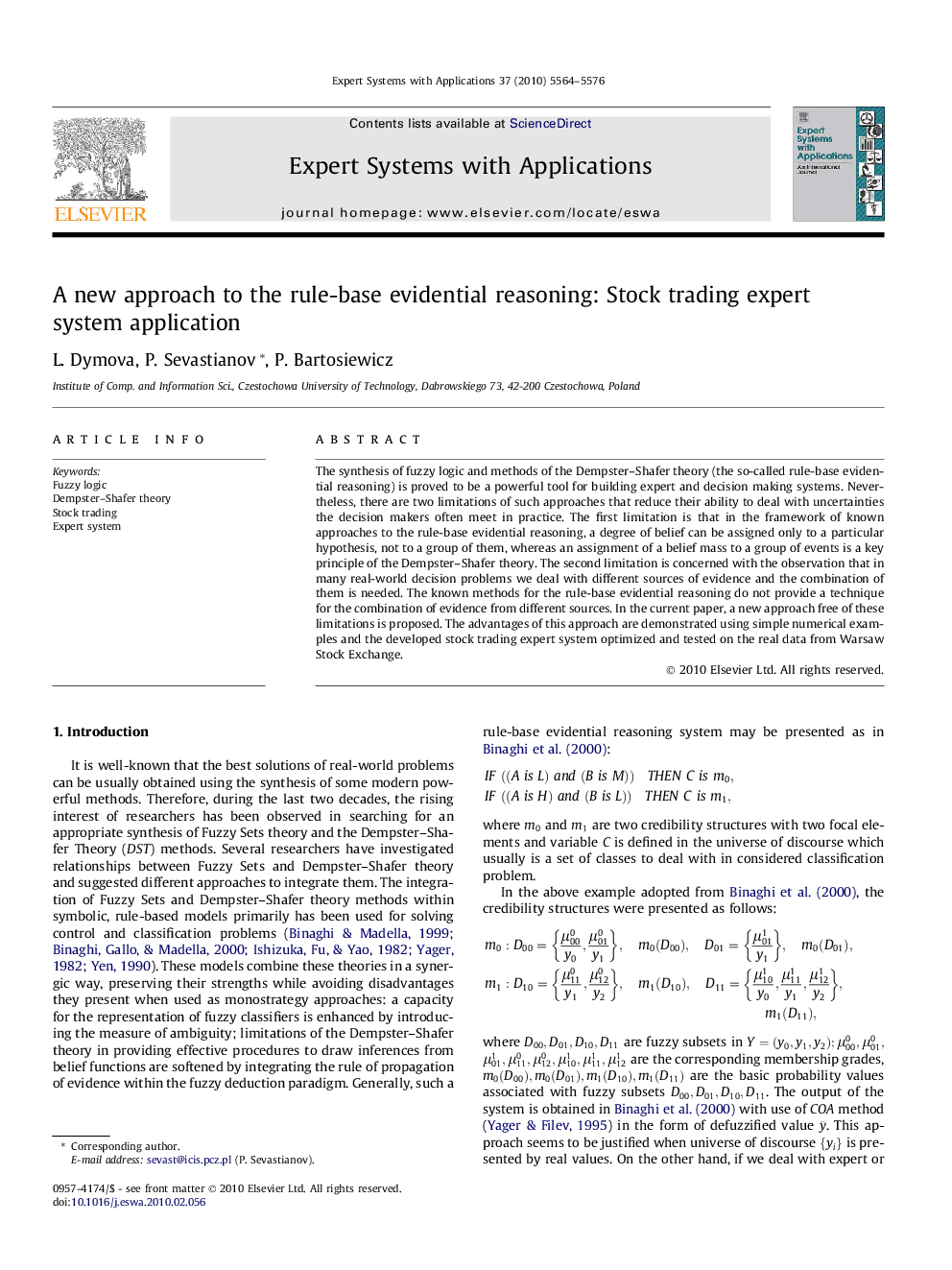 A new approach to the rule-base evidential reasoning: Stock trading expert system application