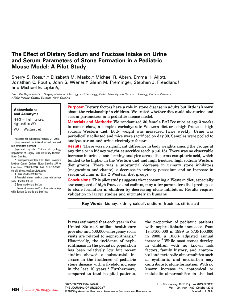 The Effect of Dietary Sodium and Fructose Intake on Urine and Serum Parameters of Stone Formation in a Pediatric Mouse Model: A Pilot Study