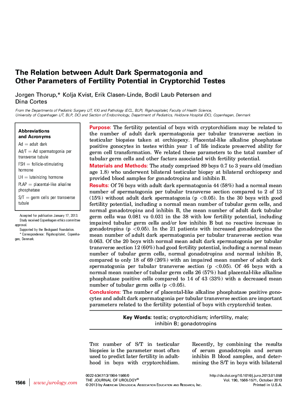 The Relation between Adult Dark Spermatogonia and Other Parameters of Fertility Potential in Cryptorchid Testes 