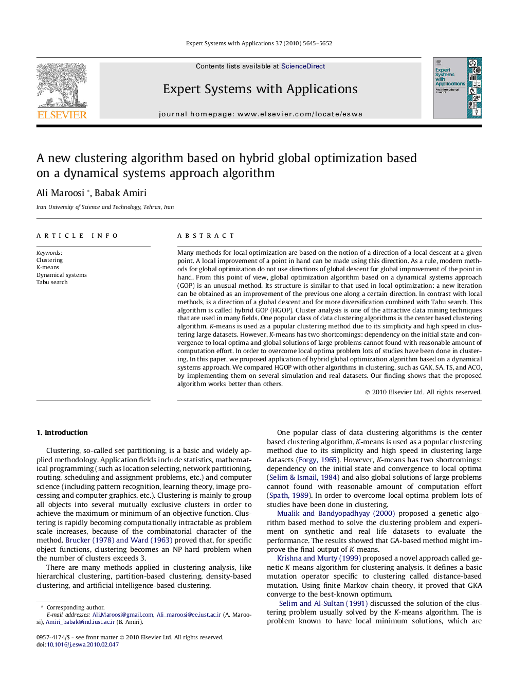 A new clustering algorithm based on hybrid global optimizationbased on a dynamical systems approach algorithm