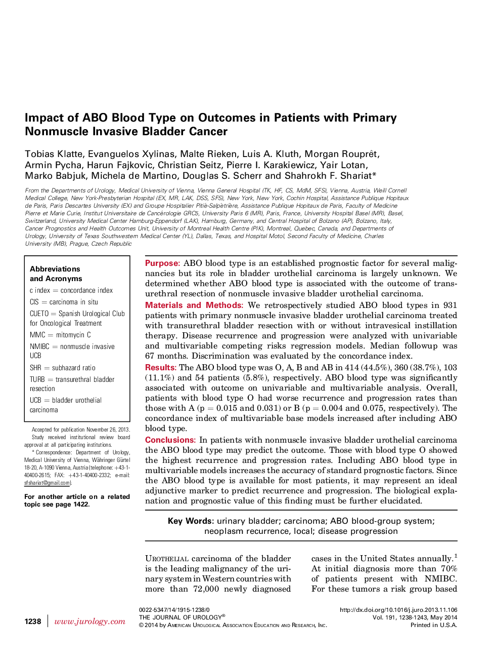 Impact of ABO Blood Type on Outcomes in Patients with Primary Nonmuscle Invasive Bladder Cancer 