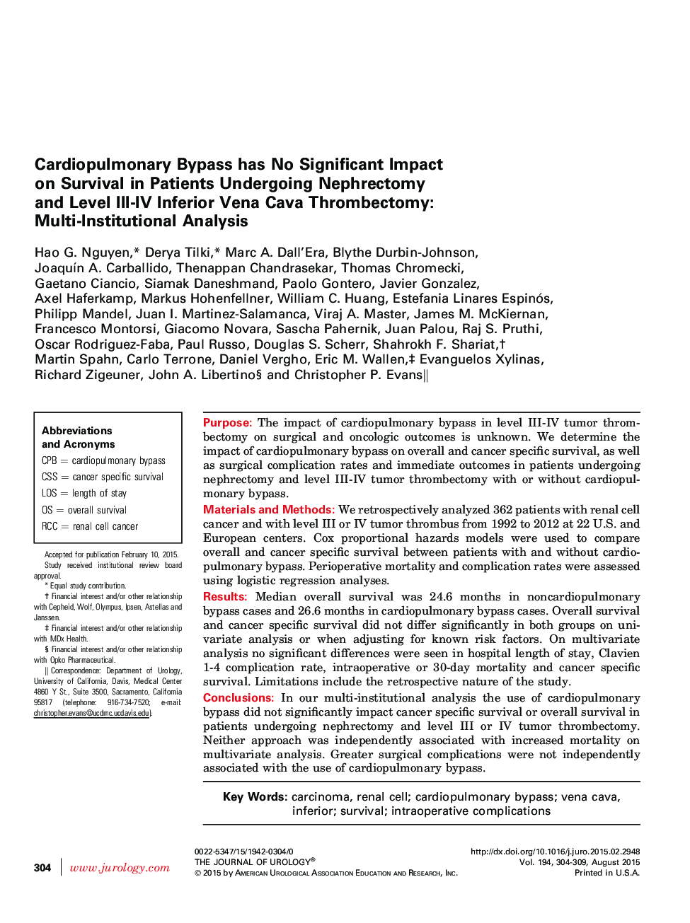 عکس صفحه اول مقاله: Cardiopulmonary Bypass has No Significant Impact on Survival in Patients Undergoing Nephrectomy and Level III-IV Inferior Vena Cava Thrombectomy: Multi-Institutional Analysis Cardiopulmonary Bypass has No Significant Impact on Survival in Patients Undergoing Nephrectomy and Level III-IV Inferior Vena Cava Thrombectomy: Multi-Institutional Analysis