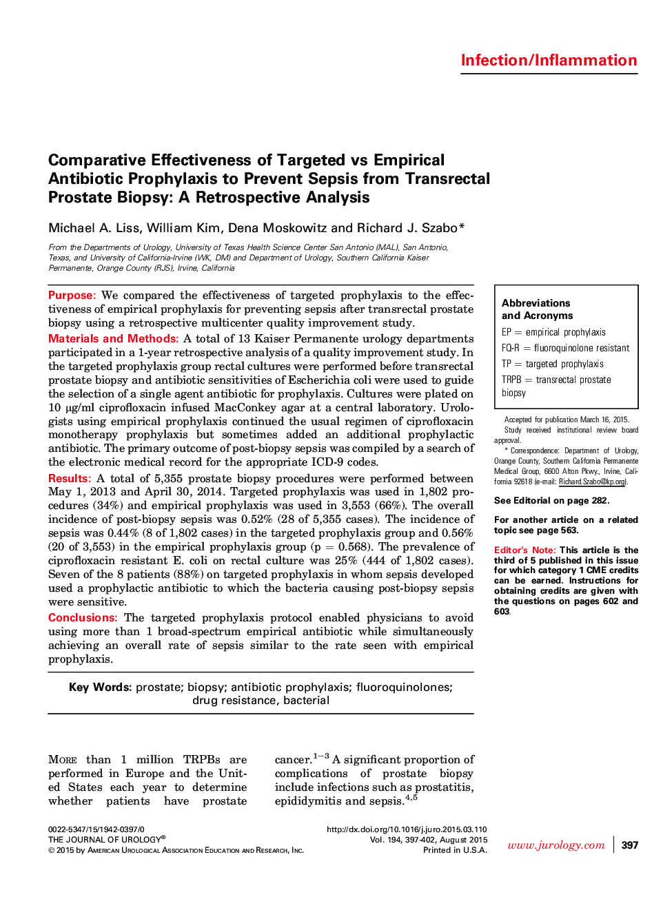 Comparative Effectiveness of Targeted vs Empirical Antibiotic Prophylaxis to Prevent Sepsis from Transrectal Prostate Biopsy: A Retrospective Analysis 