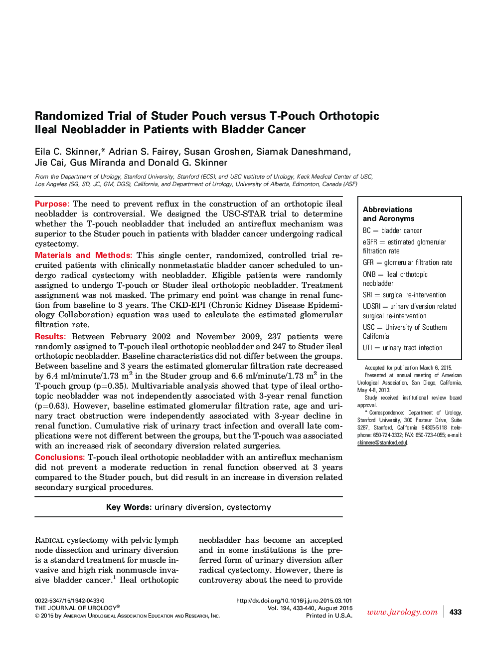 Randomized Trial of Studer Pouch versus T-Pouch Orthotopic Ileal Neobladder in Patients with Bladder Cancer 