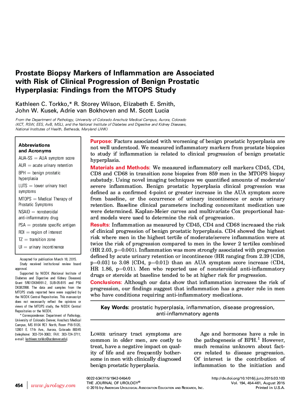 Prostate Biopsy Markers of Inflammation are Associated with Risk of Clinical Progression of Benign Prostatic Hyperplasia: Findings from the MTOPS Study 