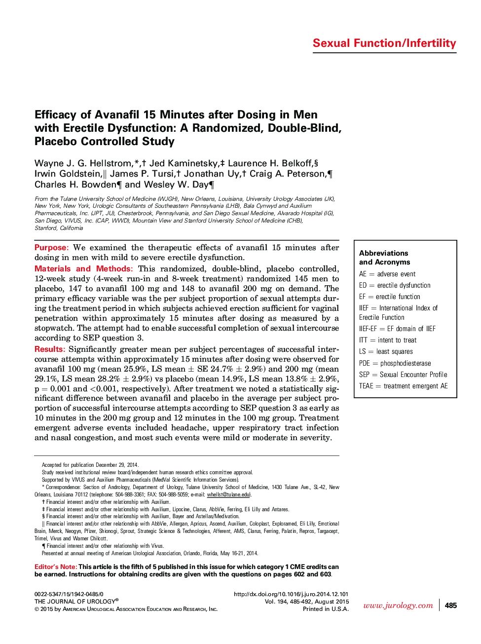 Efficacy of Avanafil 15 Minutes after Dosing in Men with Erectile Dysfunction: A Randomized, Double-Blind, Placebo Controlled Study 