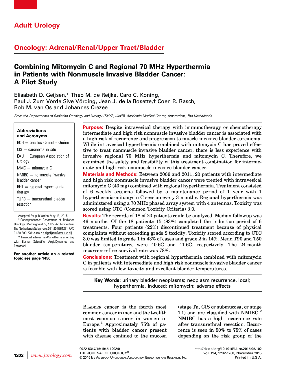 Combining Mitomycin C and Regional 70 MHz Hyperthermia in Patients with Nonmuscle Invasive Bladder Cancer: A Pilot Study 