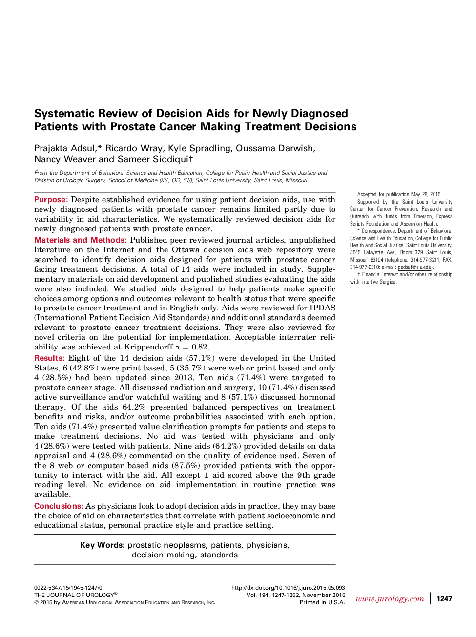 بررسی سیستماتیک تصمیم گیرندگان برای تصمیم گیری های جدید برای بیماران تازه تشخیص داده شده با سرطان پروستات 