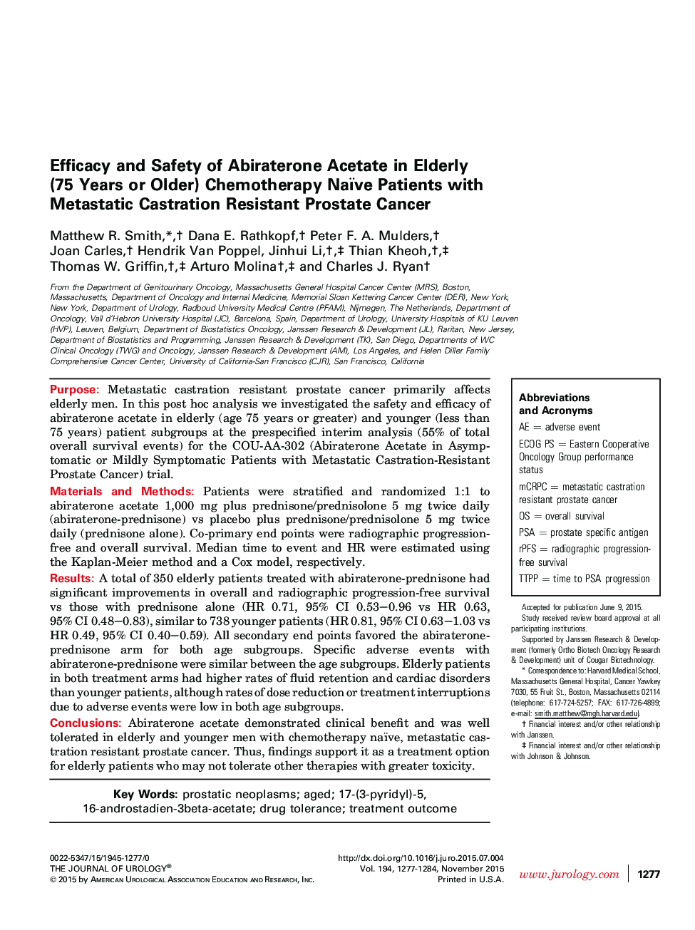 Efficacy and Safety of Abiraterone Acetate in Elderly (75 Years or Older) Chemotherapy Naïve Patients with Metastatic Castration Resistant Prostate Cancer 