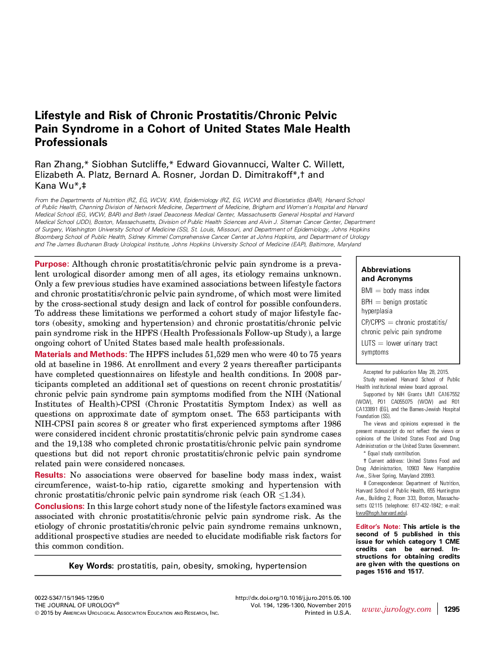 Lifestyle and Risk of Chronic Prostatitis/Chronic Pelvic Pain Syndrome in a Cohort of United States Male Health Professionals 