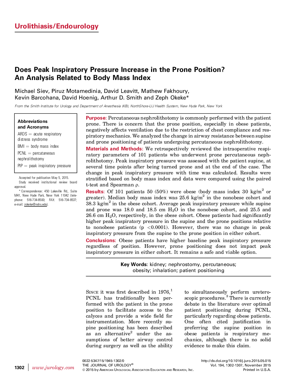 Does Peak Inspiratory Pressure Increase in the Prone Position? An Analysis Related to Body Mass Index 