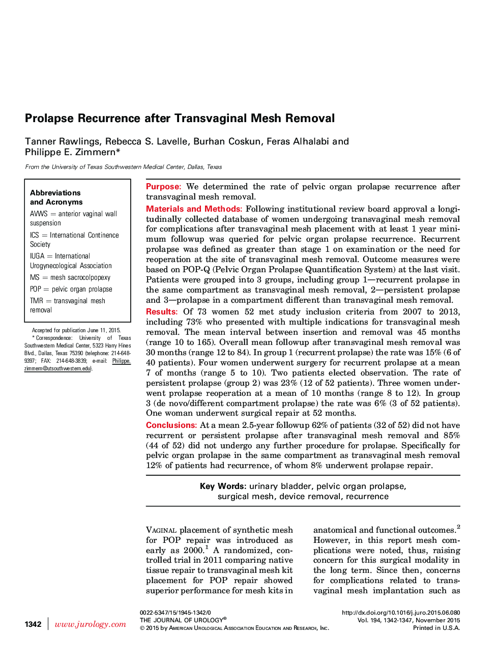 Prolapse Recurrence after Transvaginal Mesh Removal