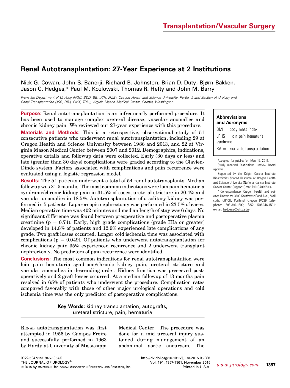 Renal Autotransplantation: 27-Year Experience at 2 Institutions 