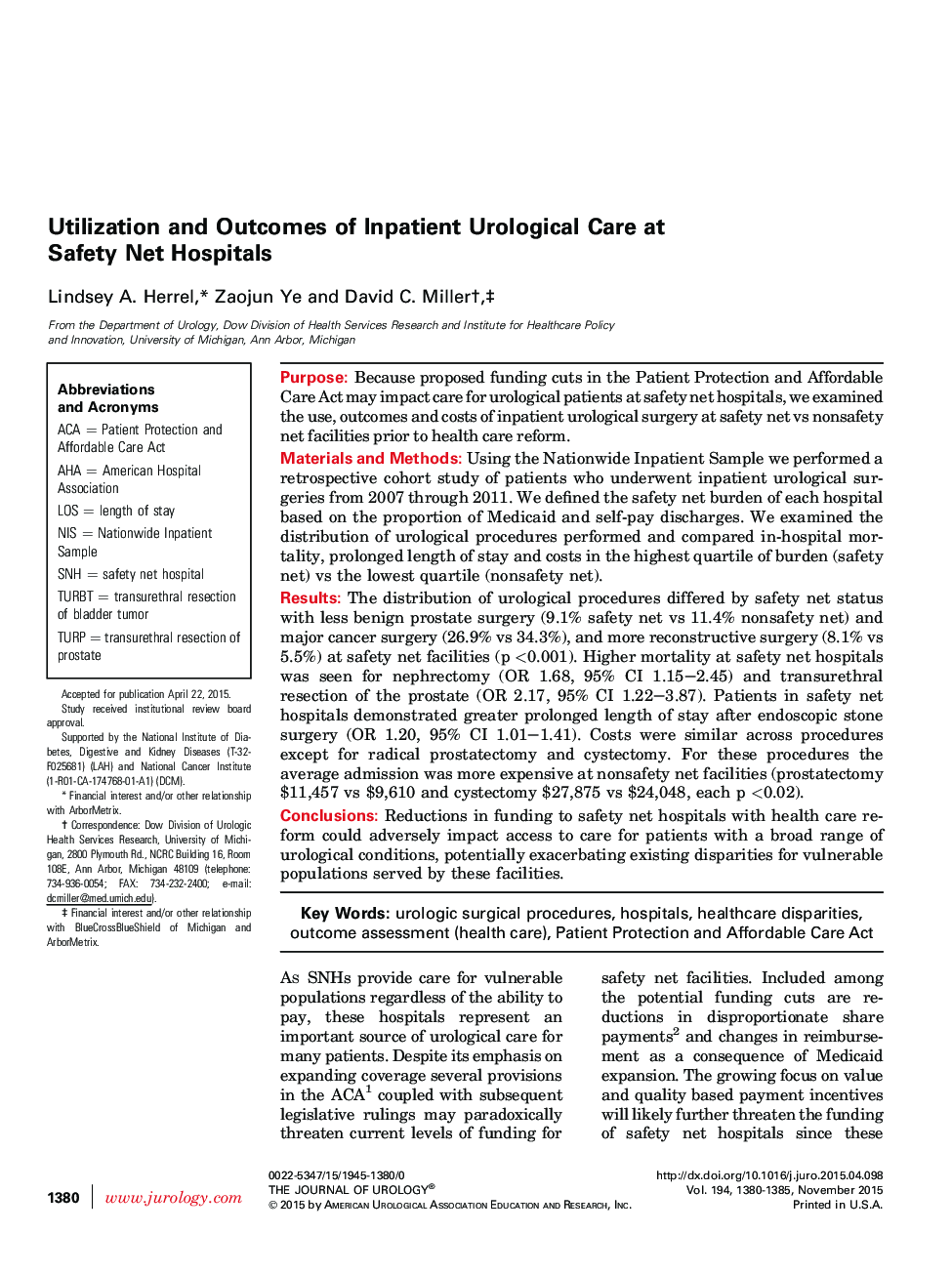 Utilization and Outcomes of Inpatient Urological Care at Safety Net Hospitals 