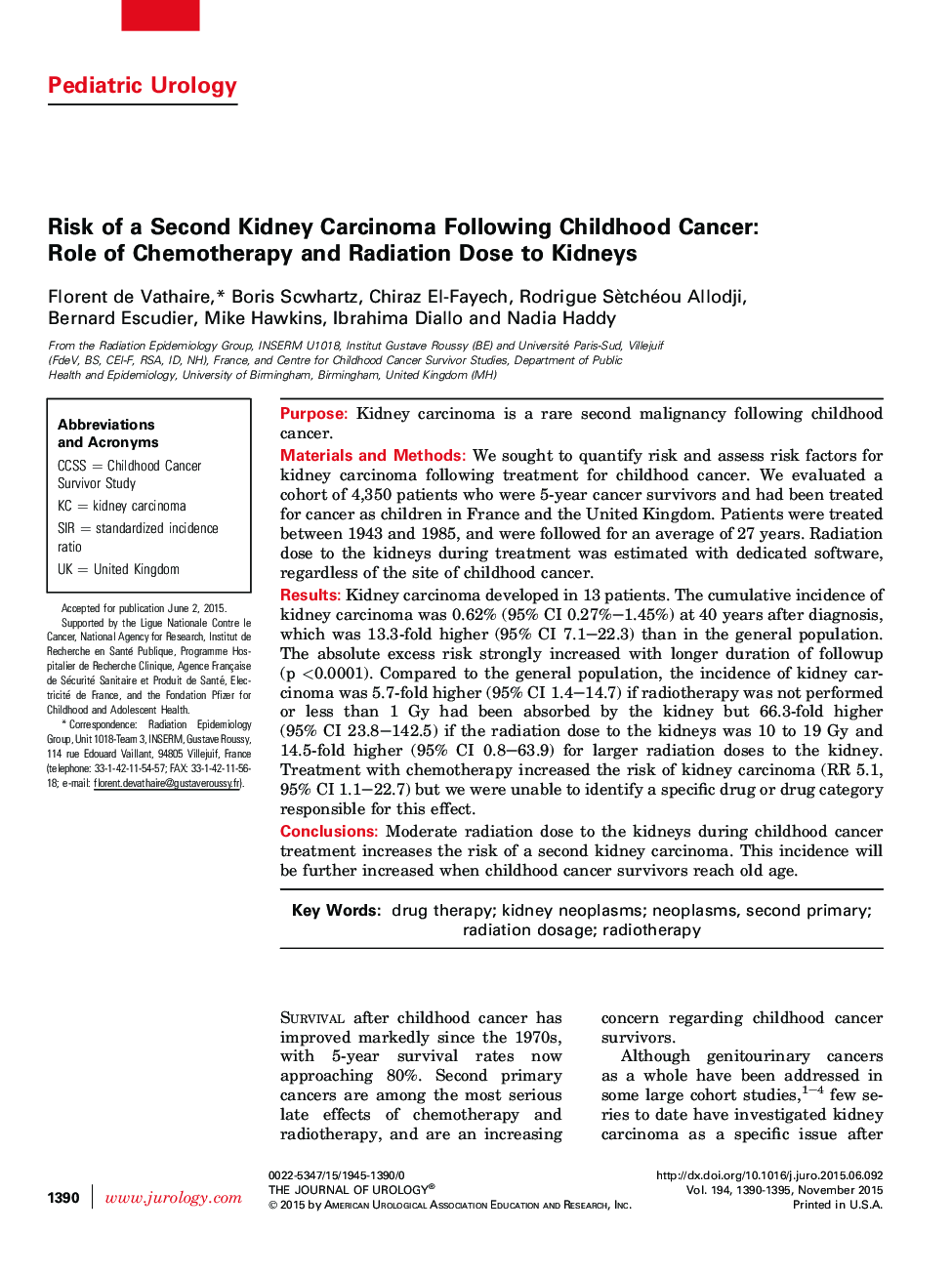 Risk of a Second Kidney Carcinoma Following Childhood Cancer: Role of Chemotherapy and Radiation Dose to Kidneys 