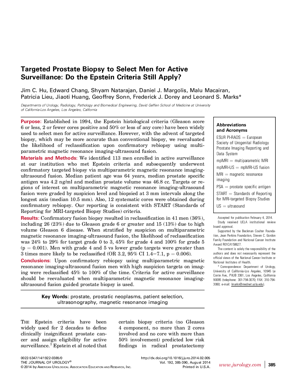 Targeted Prostate Biopsy to Select Men for Active Surveillance: Do the Epstein Criteria Still Apply? 