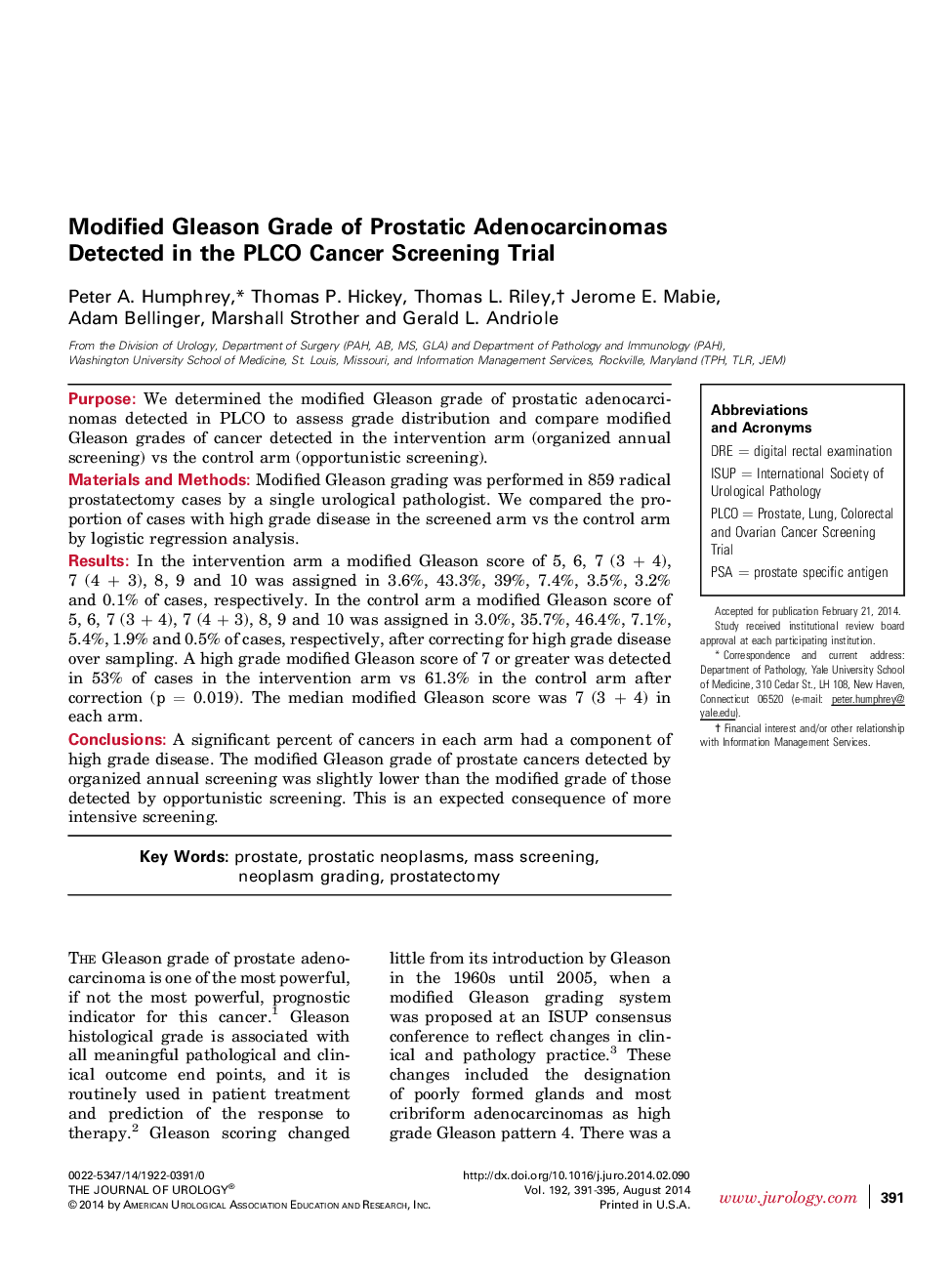 Modified Gleason Grade of Prostatic Adenocarcinomas Detected in the PLCO Cancer Screening Trial 