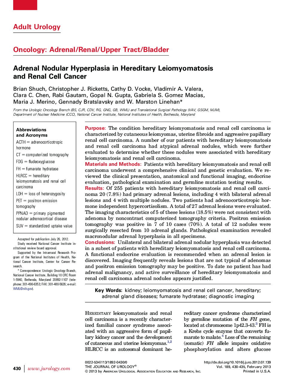 Adrenal Nodular Hyperplasia in Hereditary Leiomyomatosis and Renal Cell Cancer 