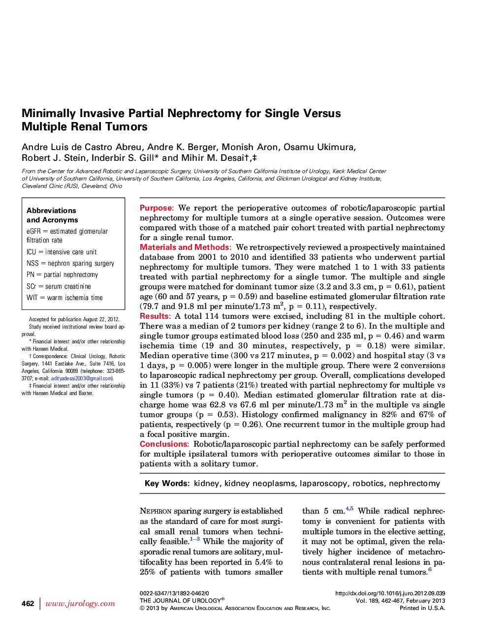 Minimally Invasive Partial Nephrectomy for Single Versus Multiple Renal Tumors 