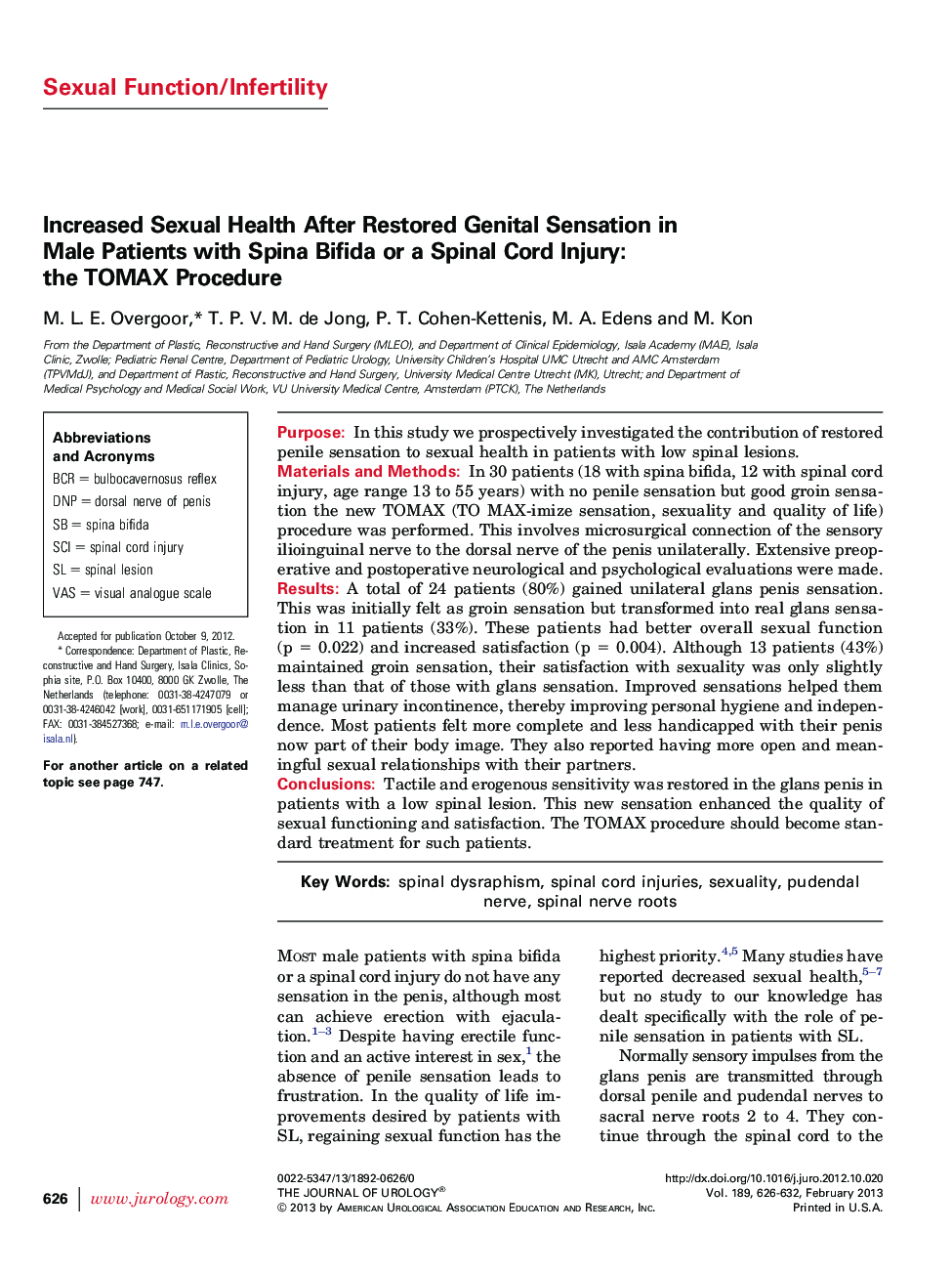 Increased Sexual Health After Restored Genital Sensation in Male Patients with Spina Bifida or a Spinal Cord Injury: the TOMAX Procedure