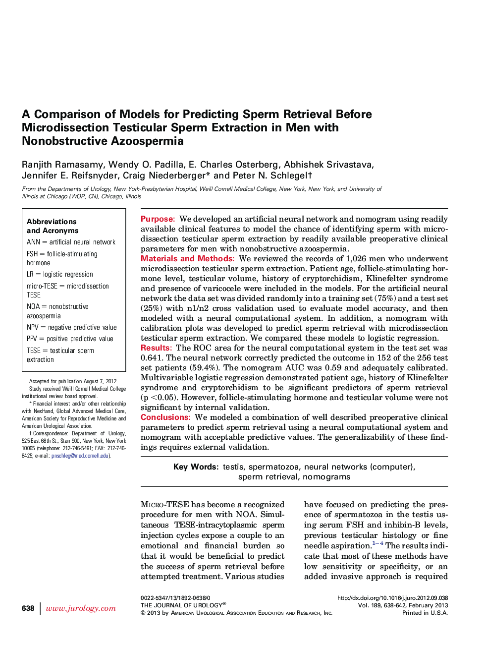 عکس صفحه اول مقاله: A Comparison of Models for Predicting Sperm Retrieval Before Microdissection Testicular Sperm Extraction in Men with Nonobstructive Azoospermia A Comparison of Models for Predicting Sperm Retrieval Before Microdissection Testicular Sperm Extraction in Men with Nonobstructive Azoospermia