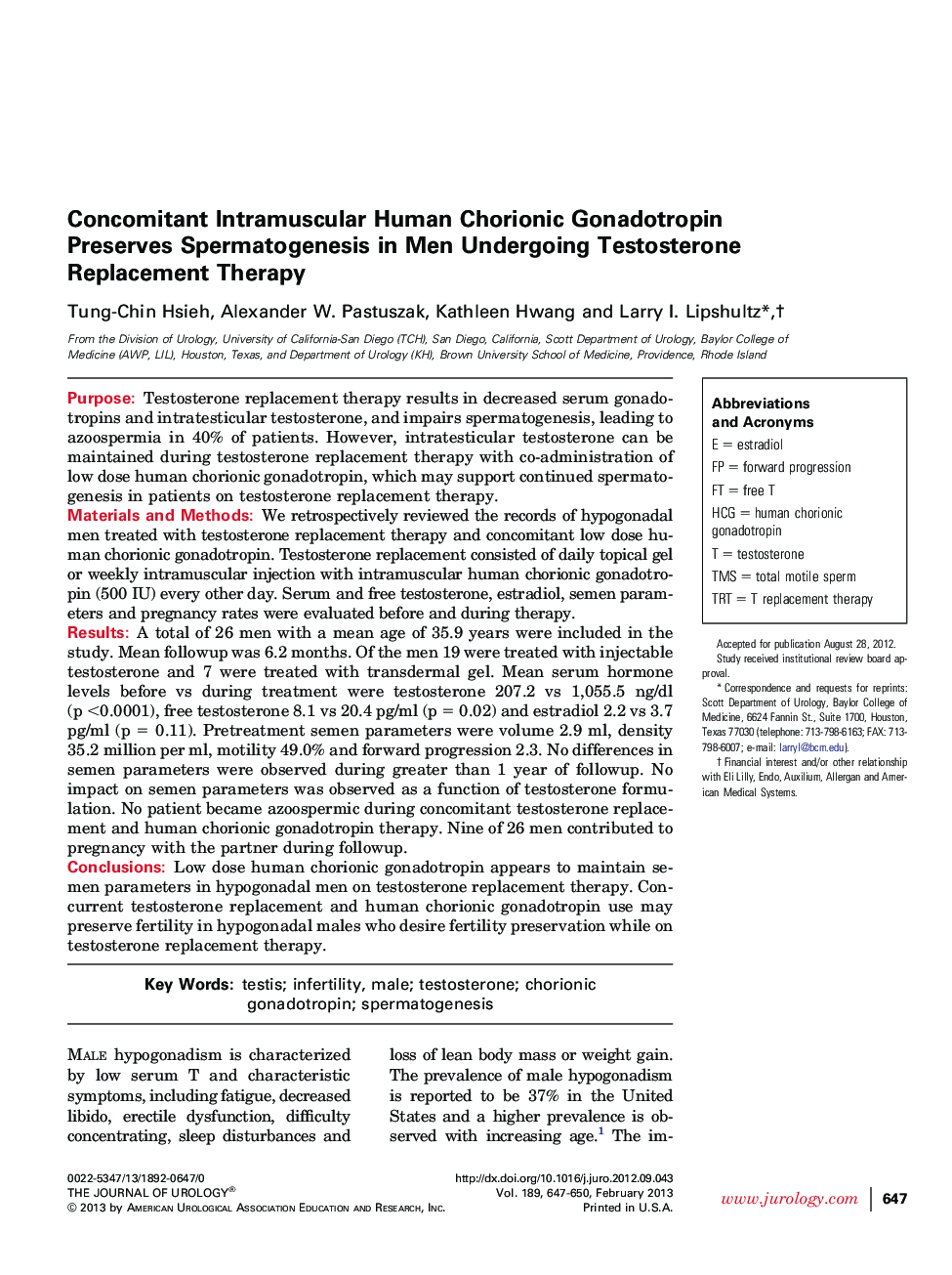 Concomitant Intramuscular Human Chorionic Gonadotropin Preserves Spermatogenesis in Men Undergoing Testosterone Replacement Therapy