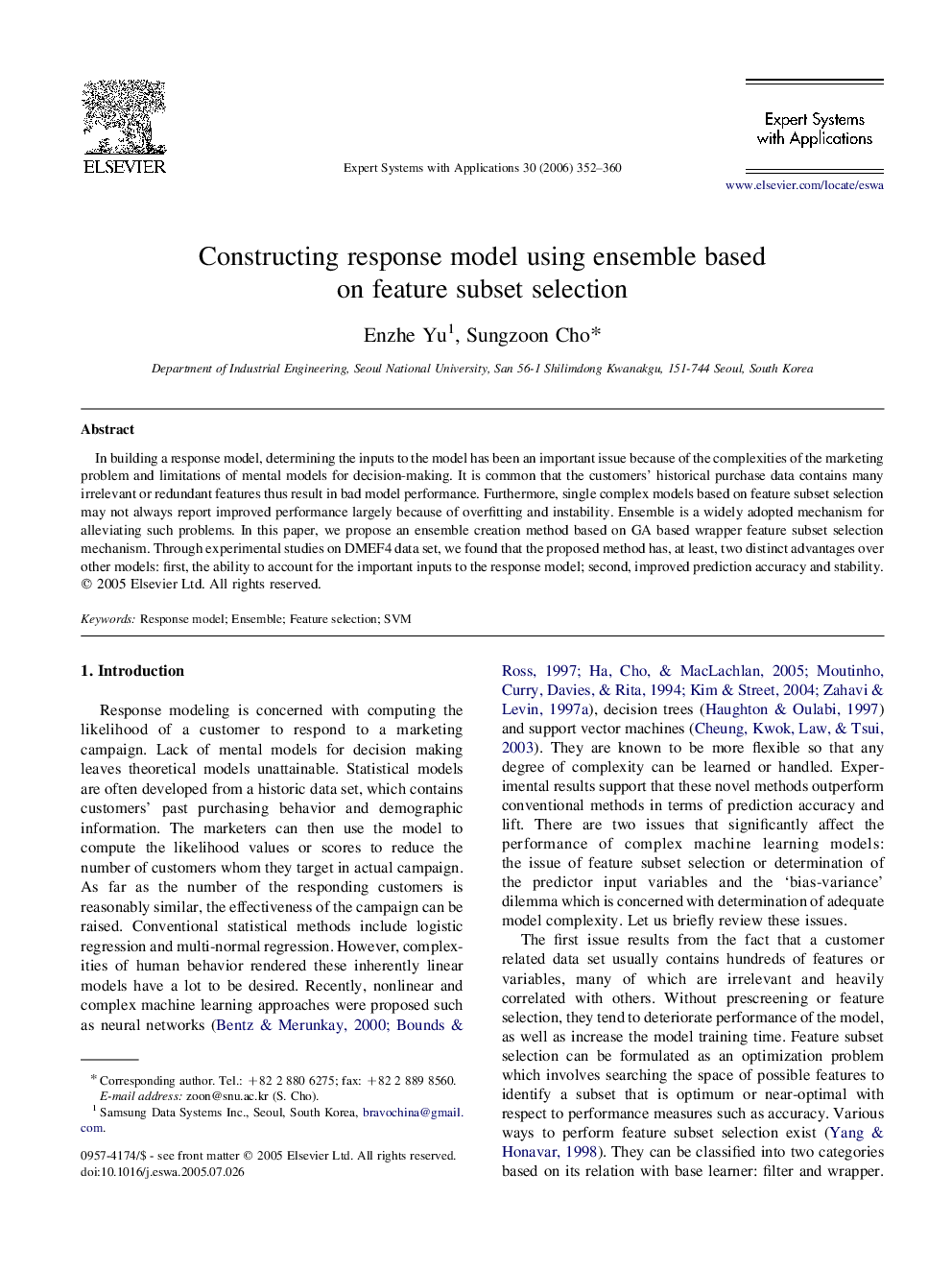 Constructing response model using ensemble based on feature subset selection