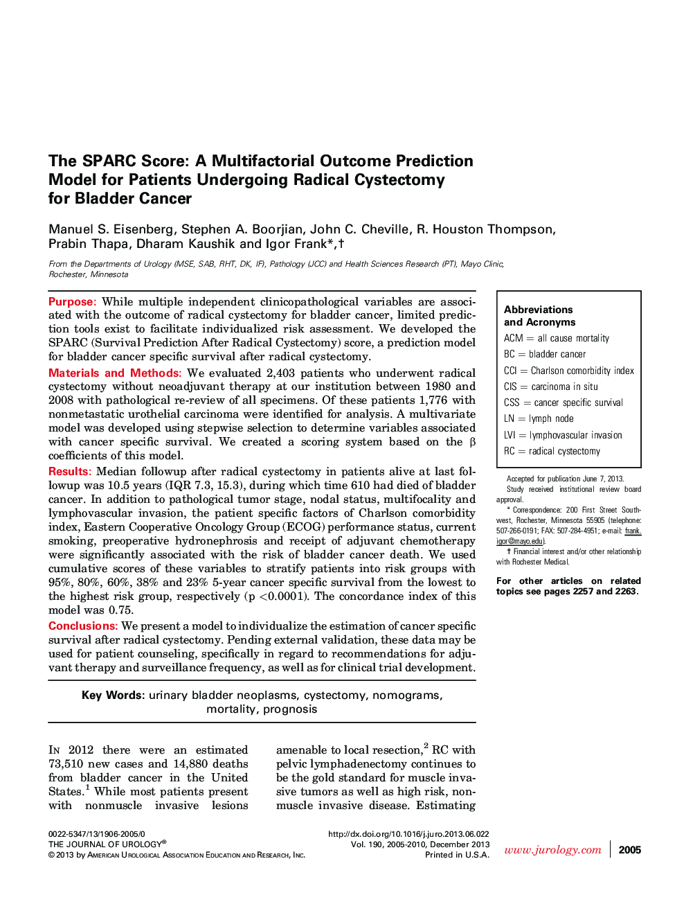 The SPARC Score: A Multifactorial Outcome Prediction Model for Patients Undergoing Radical Cystectomy for Bladder Cancer