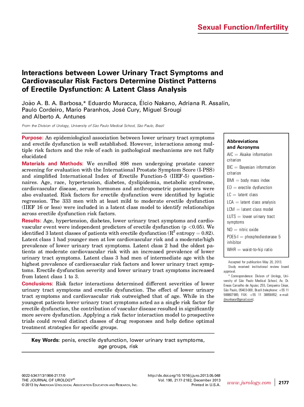 Interactions between Lower Urinary Tract Symptoms and Cardiovascular Risk Factors Determine Distinct Patterns of Erectile Dysfunction: A Latent Class Analysis 