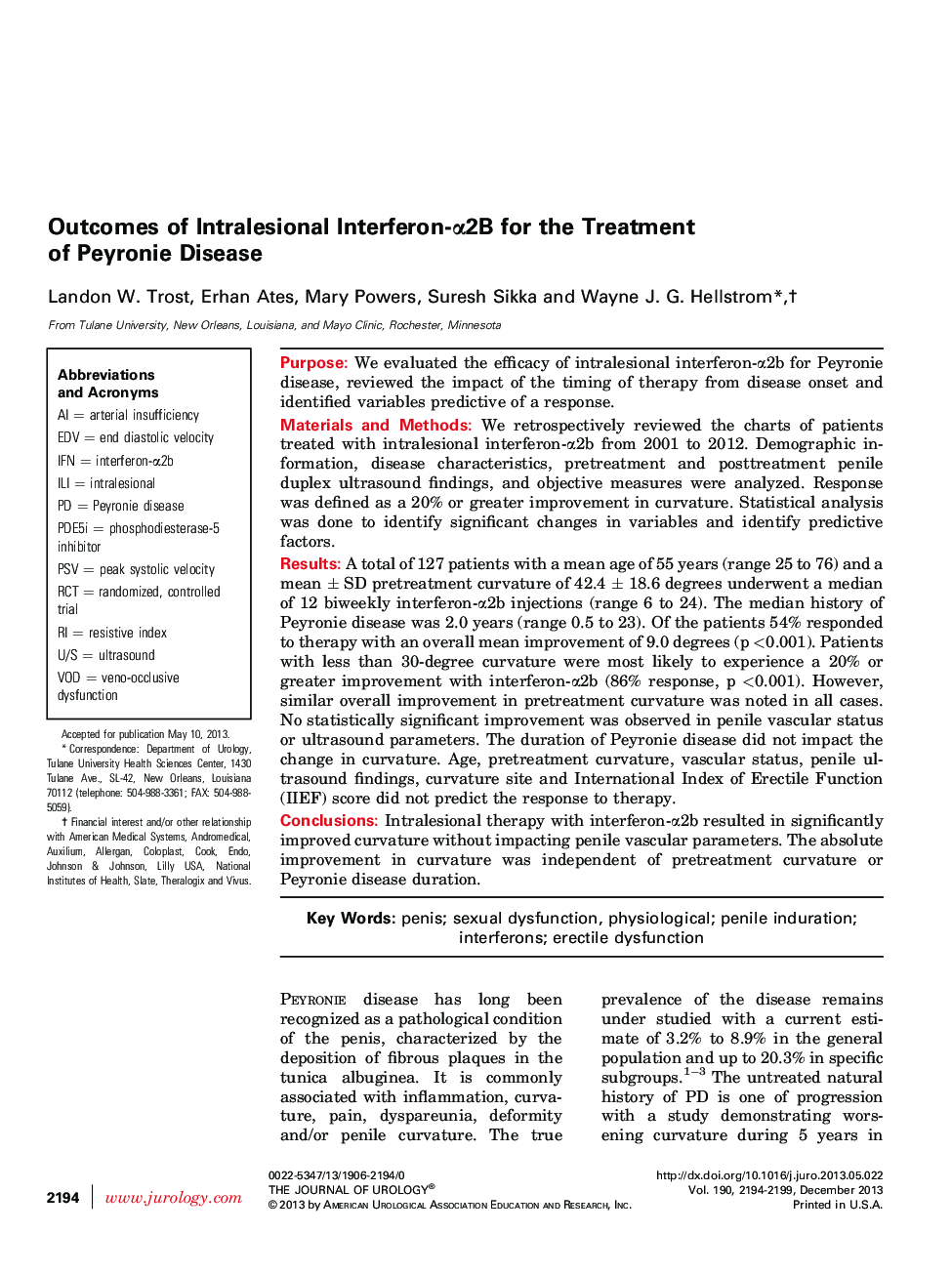 Outcomes of Intralesional Interferon-α2B for the Treatment of Peyronie Disease