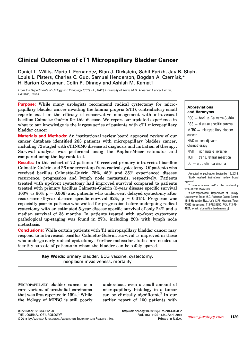 Clinical Outcomes of cT1 Micropapillary Bladder Cancer 