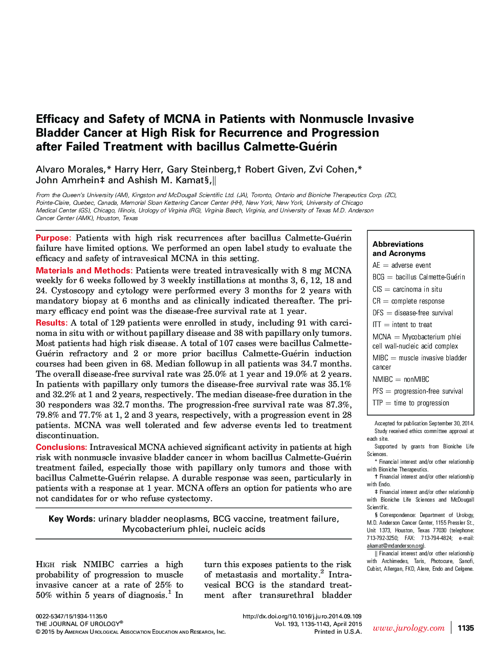 Efficacy and Safety of MCNA in Patients with Nonmuscle Invasive Bladder Cancer at High Risk for Recurrence and Progression after Failed Treatment with bacillus Calmette-Guérin 