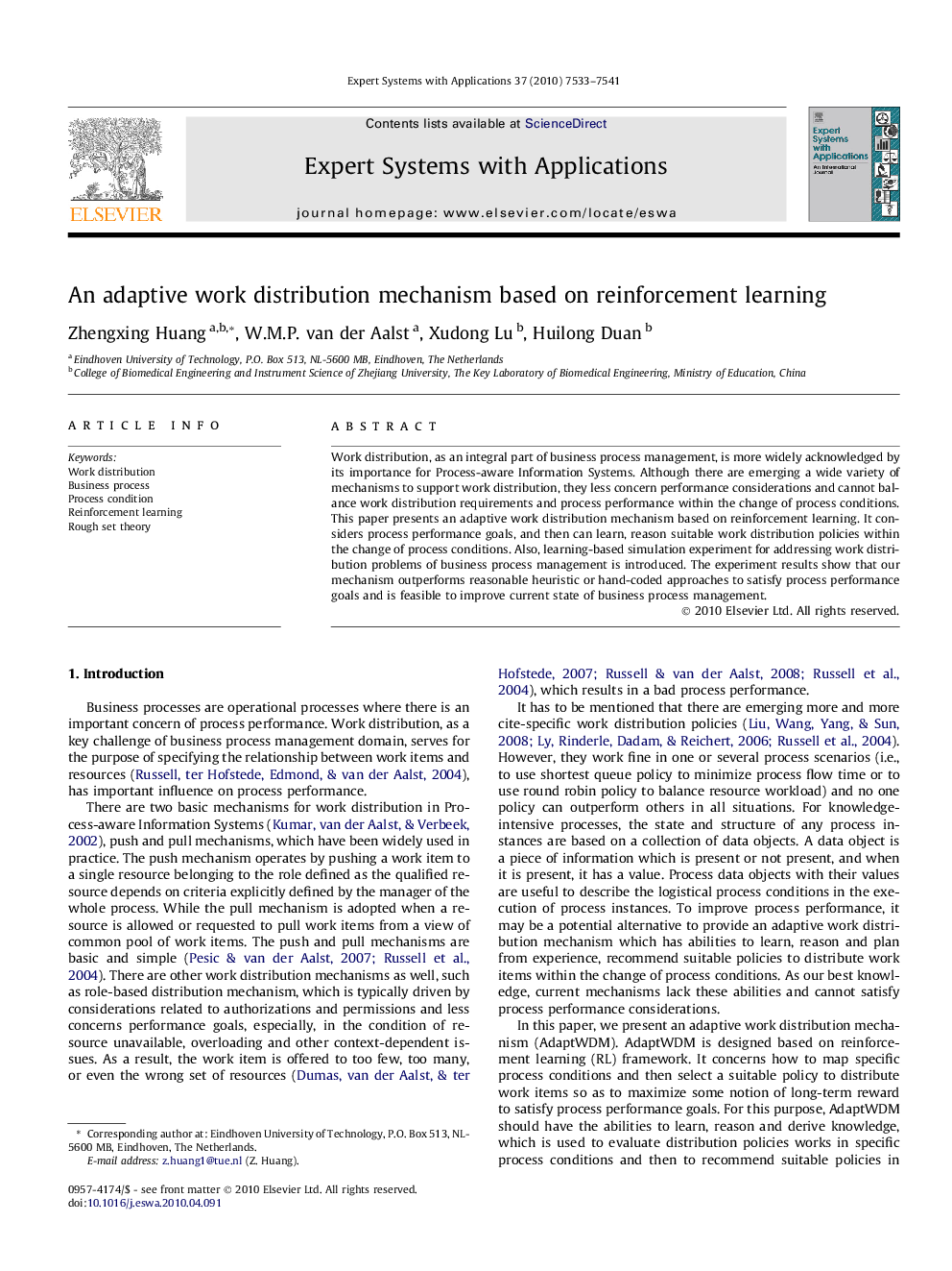 An adaptive work distribution mechanism based on reinforcement learning