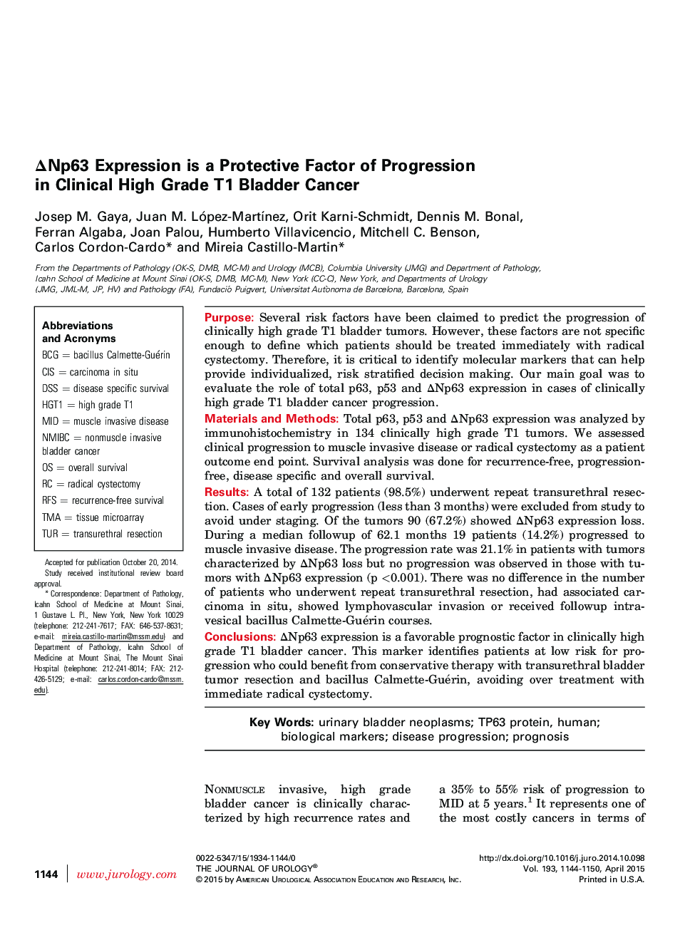 ΔNp63 Expression is a Protective Factor of Progression in Clinical High Grade T1 Bladder Cancer 