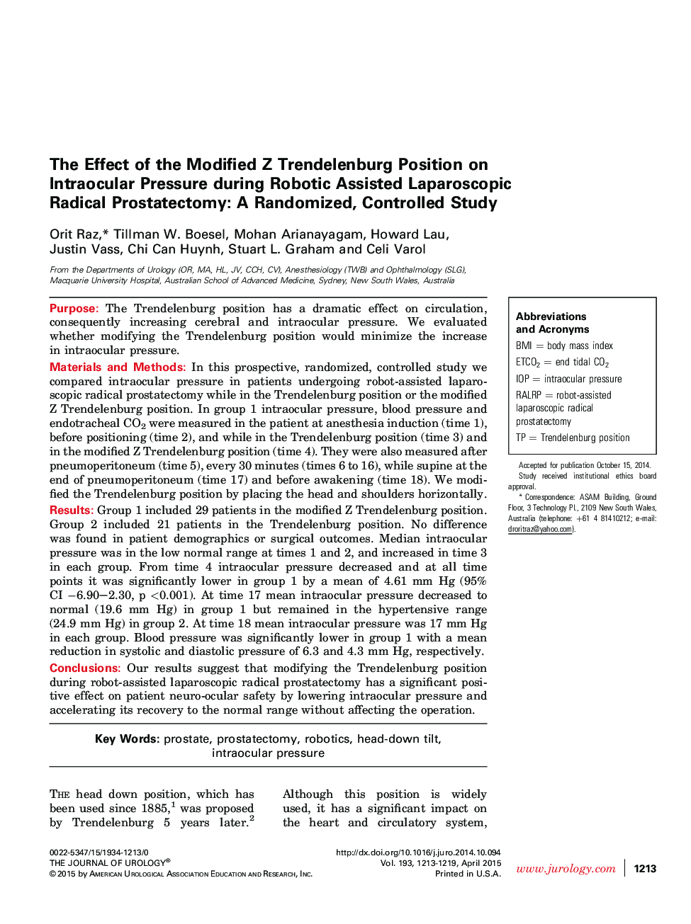 The Effect of the Modified Z Trendelenburg Position on Intraocular Pressure during Robotic Assisted Laparoscopic Radical Prostatectomy: A Randomized, Controlled Study 