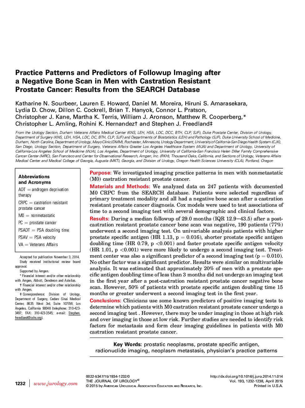 Practice Patterns and Predictors of Followup Imaging after a Negative Bone Scan in Men with Castration Resistant Prostate Cancer: Results from the SEARCH Database 