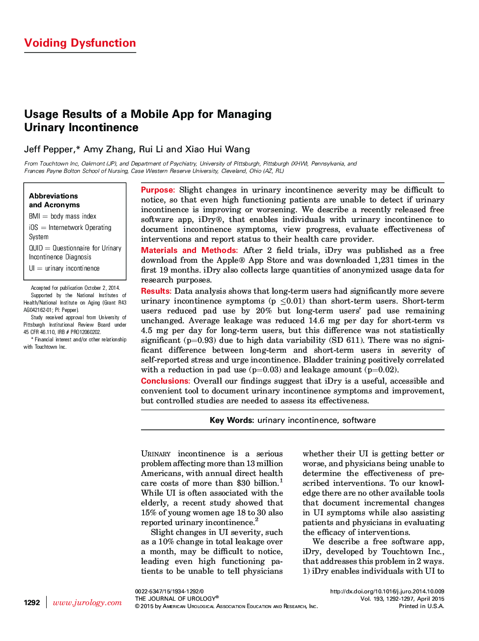 Usage Results of a Mobile App for Managing Urinary Incontinence 