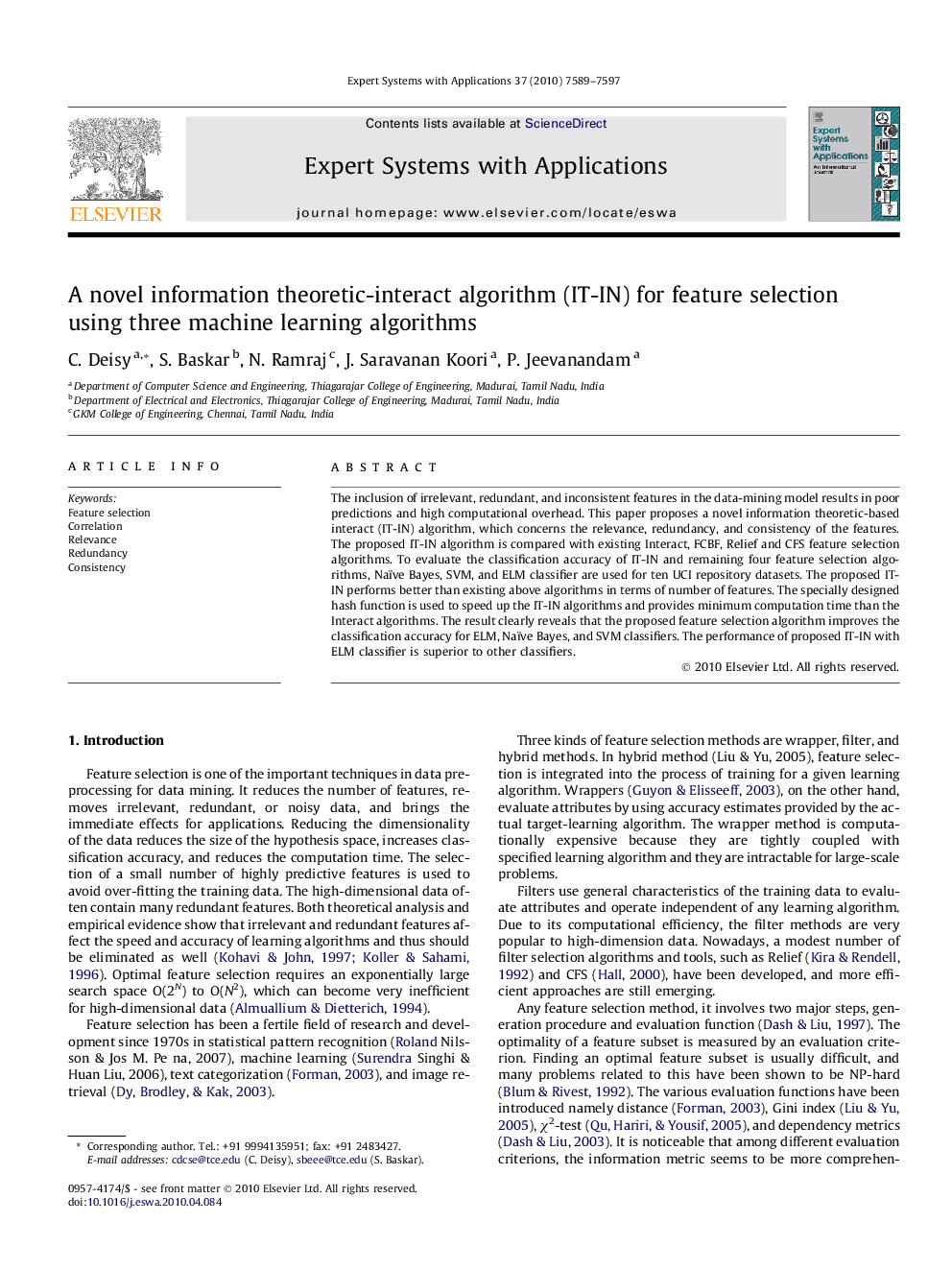 A novel information theoretic-interact algorithm (IT-IN) for feature selection using three machine learning algorithms