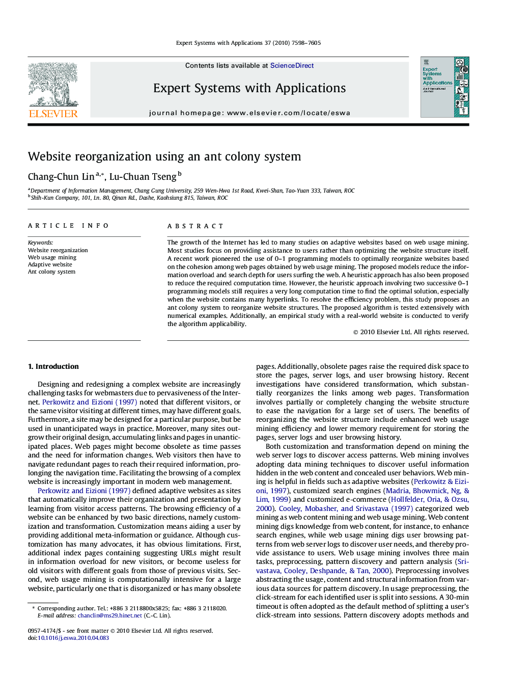 Website reorganization using an ant colony system