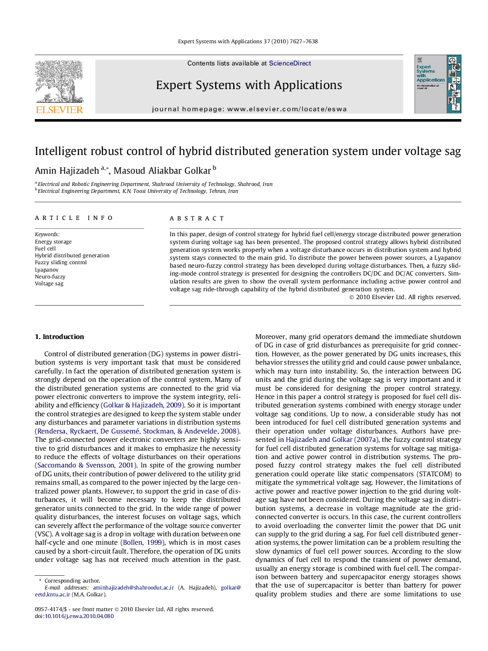 Intelligent robust control of hybrid distributed generation system under voltage sag