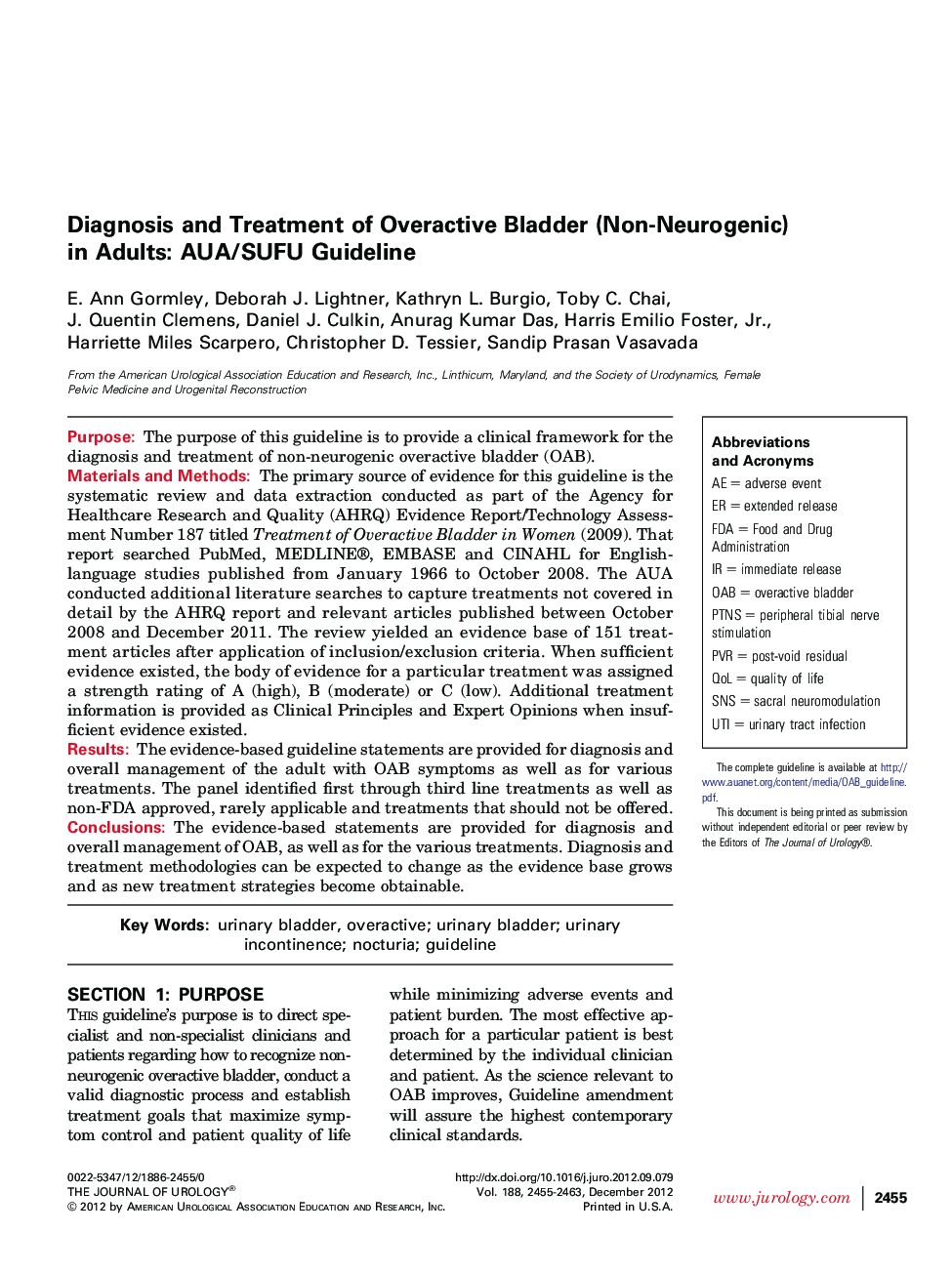 Diagnosis and Treatment of Overactive Bladder (Non-Neurogenic) in Adults: AUA/SUFU Guideline 