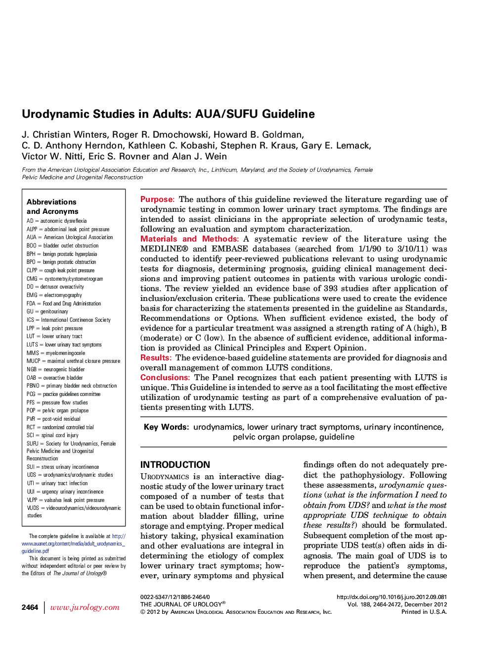 Urodynamic Studies in Adults: AUA/SUFU Guideline 